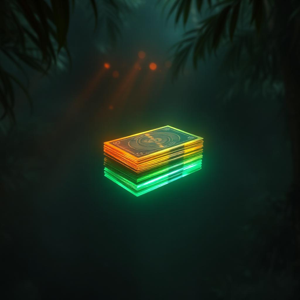 Glowing magical cards stacked in the air